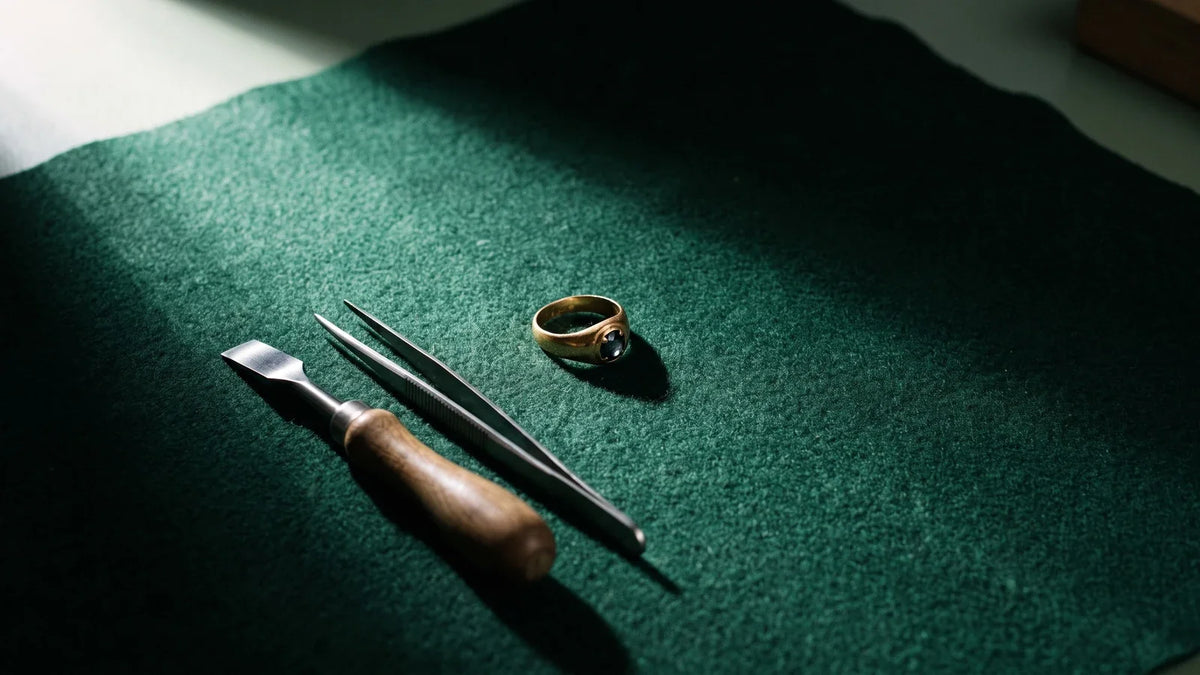 Anello antico con pietra e strumenti da orafo su panno verde