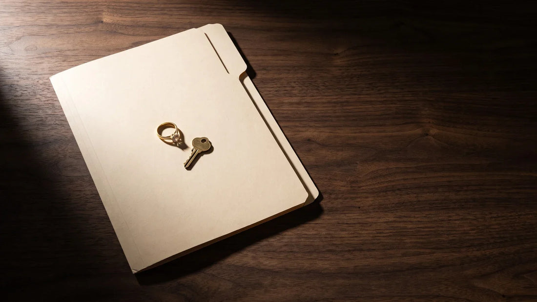 Anello con diamante e chiave su una cartellina di documenti