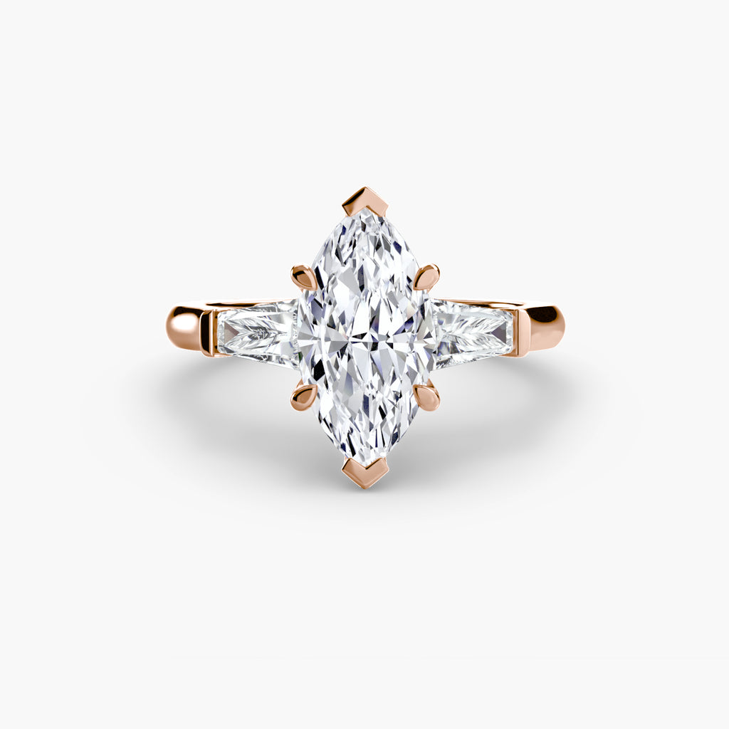 Anello trilogy con baguette laterali — montatura